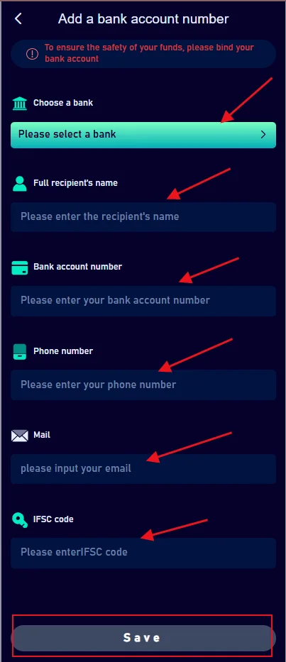 Jalwa Game add bank account form