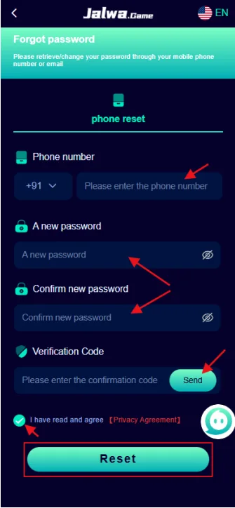 Jalwa Game forgot password screen with verification and reset fields